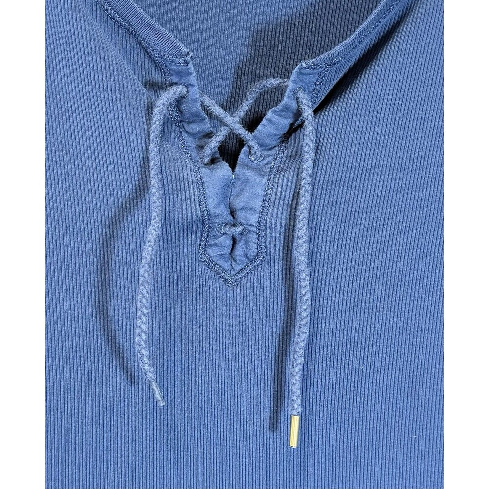 Lauren Ralph Lauren Women’s XL Blue Ribbed Lace Up V Neck Cotton T Shirt - Picture 4 of 9